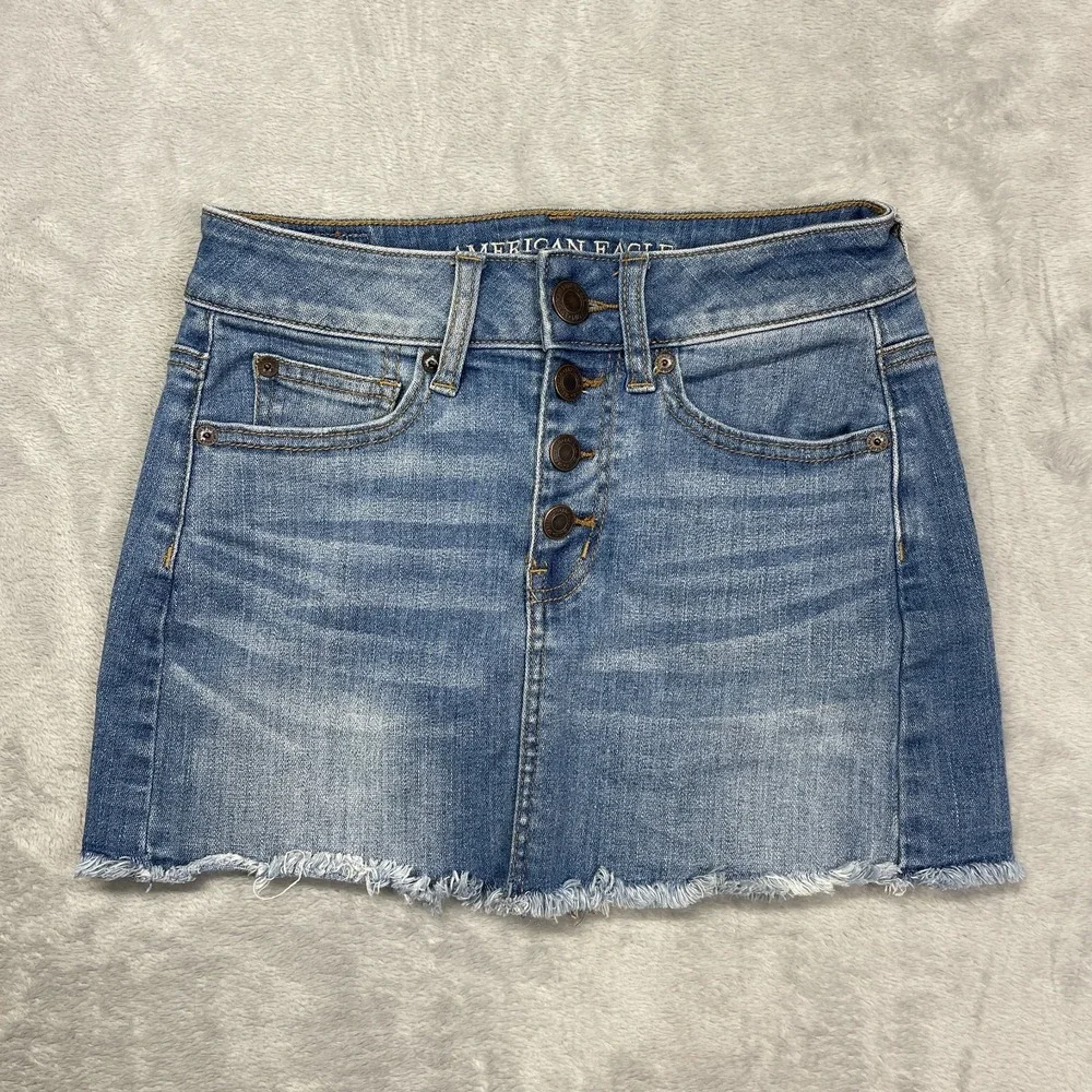 American Eagle Skirt Women 00 Blue Denim Mini Super Stretch X Raw Hem Button Fly